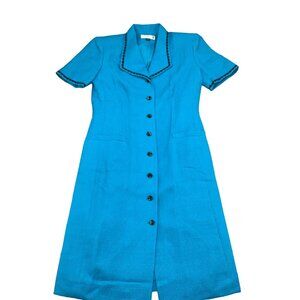 Kasper ASL Dress Women 4 Blue Button Bric-a-brac‎ Trim Woven Coat Waitress VTG